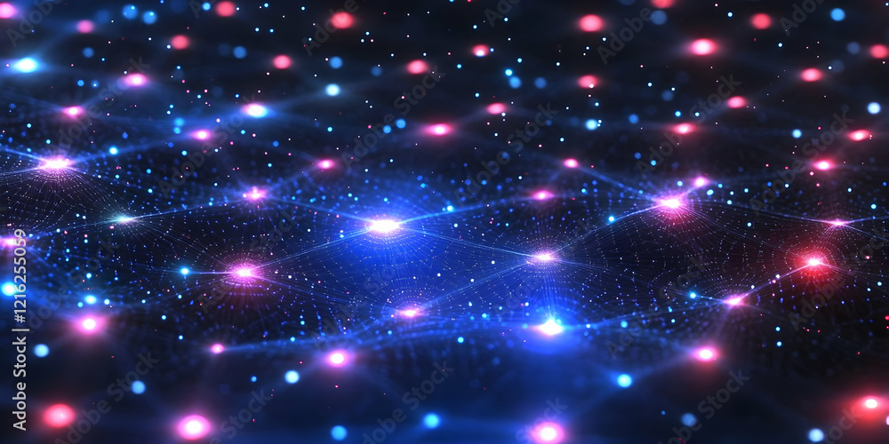 Poster abstract background shows glowing particles and interconnected lines dynamically across a dark space
