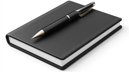 Notebook and pen. Black hardcover diary or book placed on a clean white surface, black pen rests on top of the book.