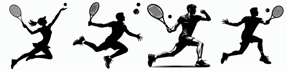 A dynamic silhouette illustration of four tennis players in various action poses, showcasing athleticism and skill.