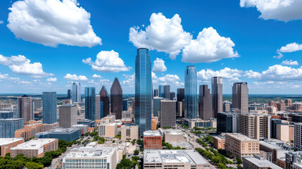 Fototapeta premium Aerial view of vibrant cityscape with skyscrapers and blue sky