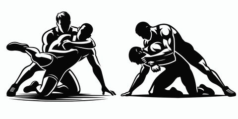 Two pairs of wrestlers engage in grappling, showcasing strength and technique in a dynamic competition.