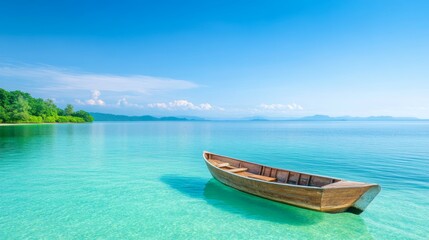 Naklejka premium Tranquil Tropical Getaway Wooden Boat in Crystal Clear Water