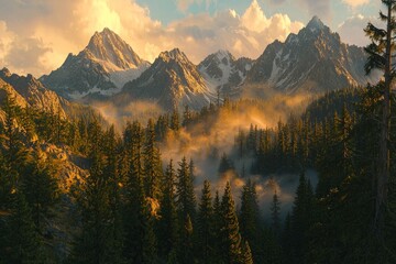 Fototapeta premium A mountainous region with misty peaks and dense forests, bathed in golden sunlight. 