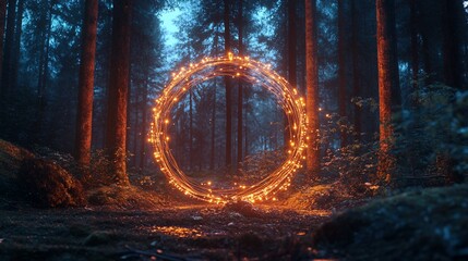 Mystical glowing portal ring in a dark forest at twilight with tall trees in the background
