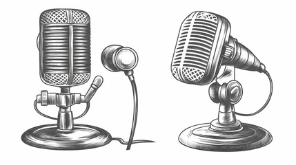 Vintage Microphones with Earphone Illustration Showcased Beautifully in Monochrome Tones