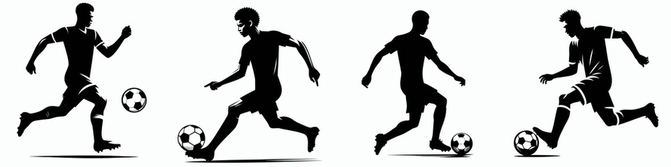 Four stylized silhouettes of soccer players in motion, showcasing different actions like dribbling and kicking a soccer ball.