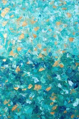 Abstract painting of turquoise ocean waves with golden accents, creating a serene underwater scene....