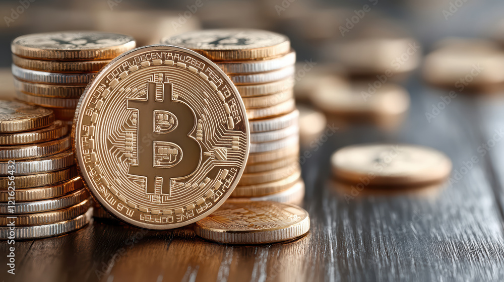Poster digital currency concept with stacked coins and blockchain technology