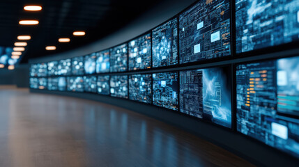 High tech digital screens displaying data and analytics in modern space