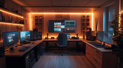 Studio with warm wooden accents, large monitors, and a neutral color scheme.
