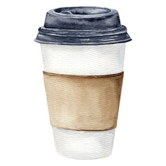 Watercolor illustration of a takeaway coffee in paper cup with a black lid on white background