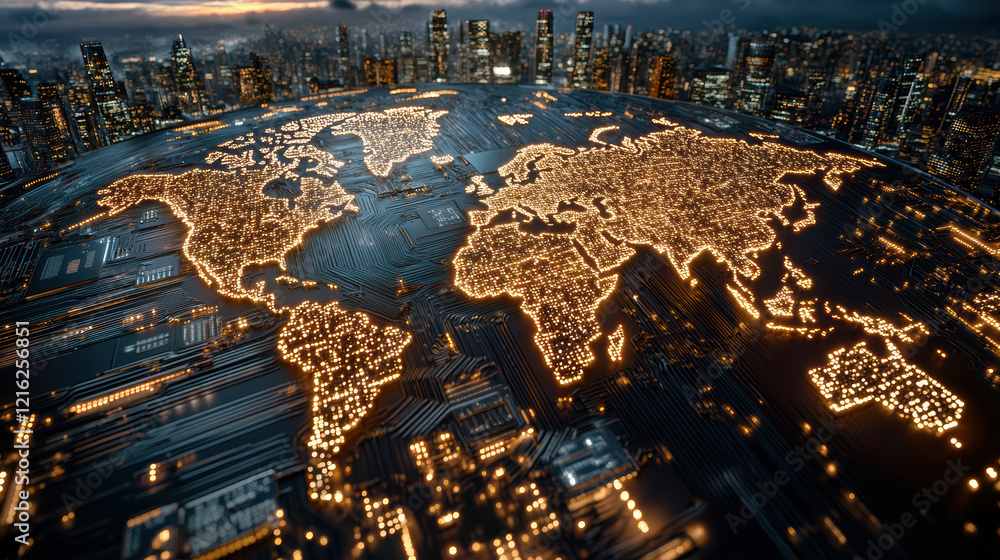 Poster digital world map illuminated by glowing connections and data streams