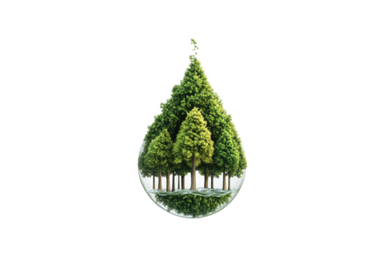 Forests inside a water droplet symbolizing environmental conservation isolated on white or transparent, PNG