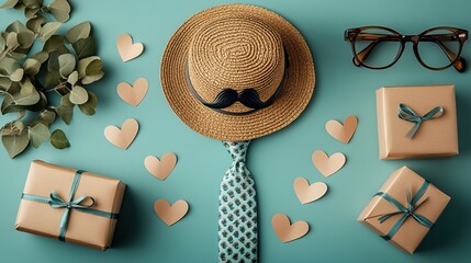 Celete Dad with a charming ensemble. a straw hat, a stylish tie, a giftbox, glasses, a mustache, and paper hearts on a soft beige backdrop is perfect for expressing heartfelt wishes or promotions.