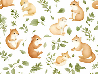 Naklejka premium Cute Squirrels and Leaves Watercolor Seamless Pattern Background Illustration Design
