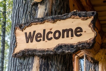 Rustic Wooden Welcome Sign on Tree Trunk