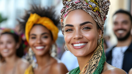 Fototapeta premium Smiling women with colorful headwraps celebrating diversity and culture