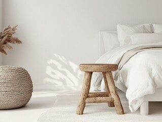 Wooden stool and cozy pouf in a minimalist white bedroom with decor