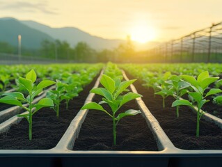 Young Plants Growing in Greenhouse at Sunset