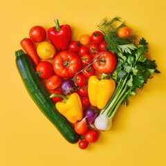 Heart-shaped assortment of fresh vegetables, including peppers, tomatoes, and broccoli, on a solid yellow background, symbolizing health.