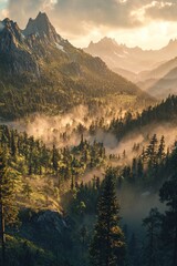 A mountainous region with misty peaks and dense forests, bathed in golden sunlight. 