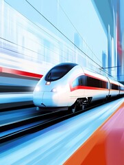 Fototapeta premium Swift modern train gliding through a vibrant urban landscape in a blur of colors and motion