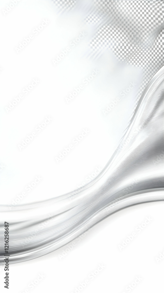 Poster abstract silver wave flows smoothly on a white background with transparent checkered pattern