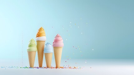 Colorful ice cream cone bar graph display summer fun 3d render playful dessert visualization bright background creative concept