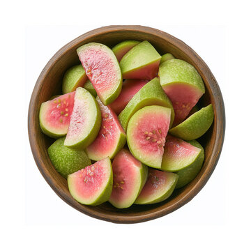 Freshly Sliced Green and Pink Guava Fruit in a Wooden Bowl - 1
