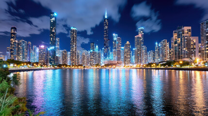 Obraz premium Stunning city skyline at night with glowing lights reflecting on water