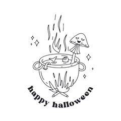 Card or poster with cute black and white Halloween witch cauldron containing boiling mushroom magic potion. Text Happy Halloween