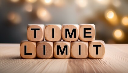 タイムリミットを意味する英語のtime limitの文字が書かれた木製のキューブブロックが横に並んでいる。aiで生成