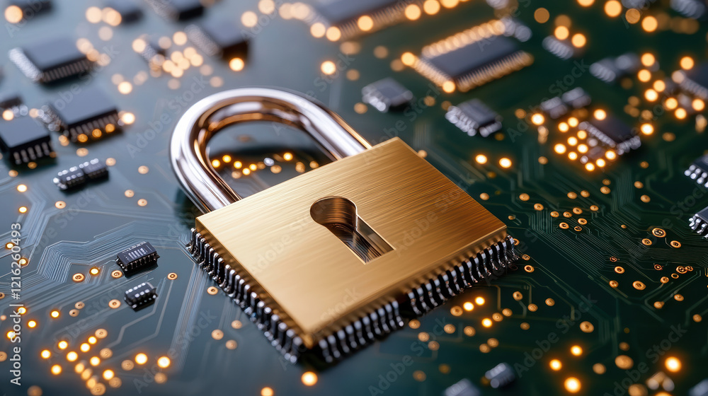 Poster digital lock on circuit board symbolizes cybersecurity and data protection