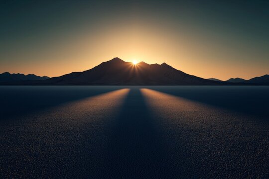 Salt Flats in Utah at sunrise, with mountains visible on the horizon. The warm, golden light casts long shadows over the salt desert floor