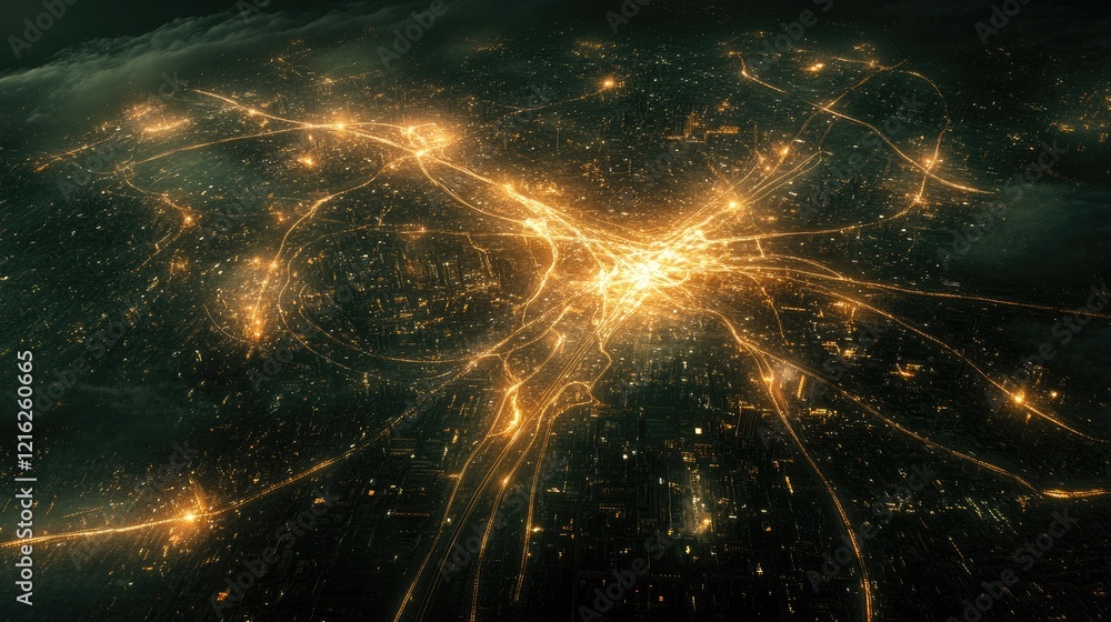 Aufkleber an abstract glowing city grid with highlighted pathways of light.