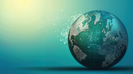 Digital globe with glowing particles on teal background