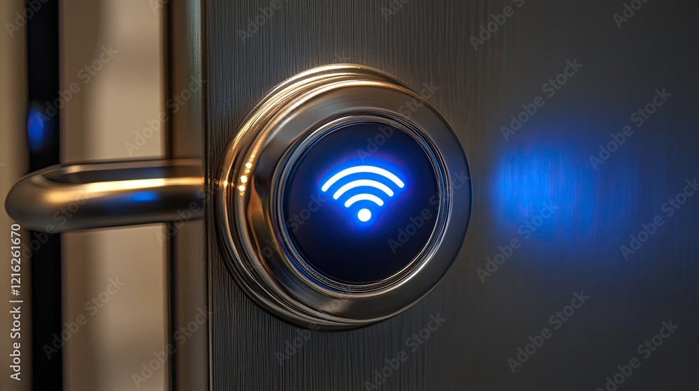 Poster a close-up of a smart lock with a glowing interface and wi-fi symbol, symbolizing modern home securi