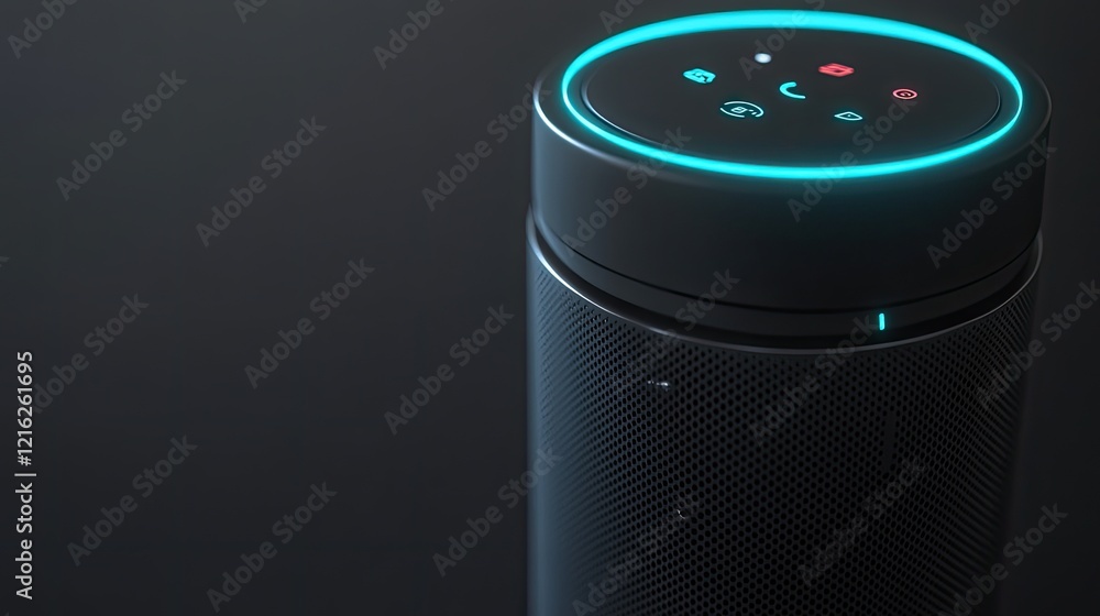Poster a close-up of a smart speaker with glowing icons, symbolizing voice-activated home systems. minimali
