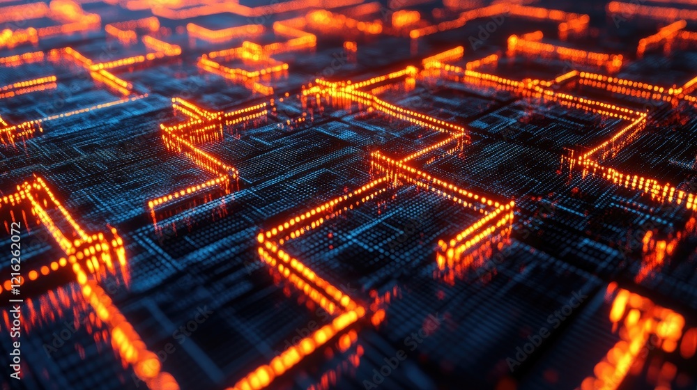 Poster a conceptual digital blockchain grid with glowing blocks, symbolizing data security, and decentraliz