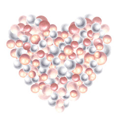 Heart of pearls. Watercolor painted illustration. Coquette girl, pink and grey pearly composition for Valentines Day, wedding, birthday greeting, invitation card. Love symbol. Isolated from background