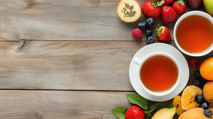 A vibrant arrangement of fresh fruits and two cups of tea on a wooden surface, creating a refreshing and healthy composition.