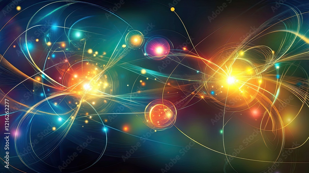 Poster a conceptual image of quantum states interacting with energy pathways, glowing particles floating in