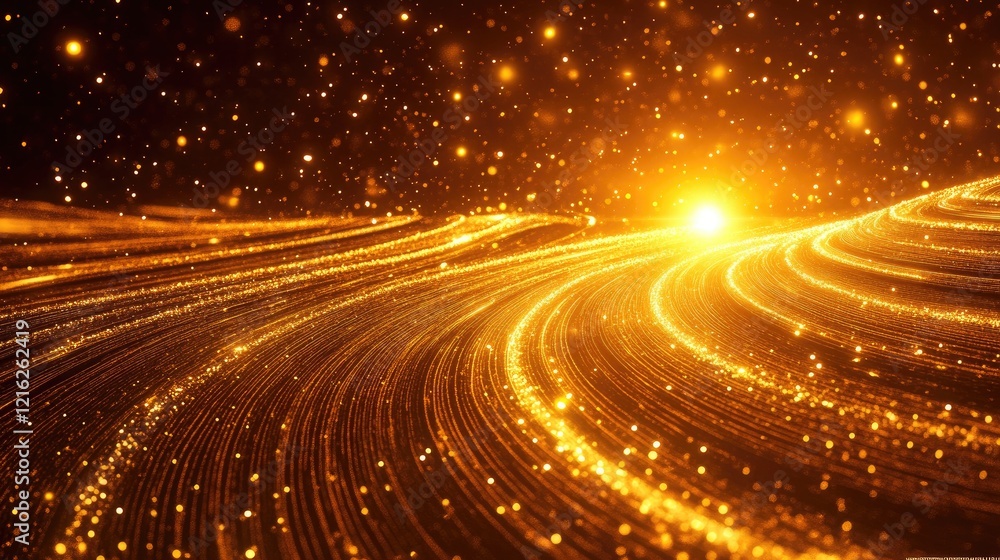 Poster a conceptual visualization of quantum mechanics, with glowing waves and particles suspended in space