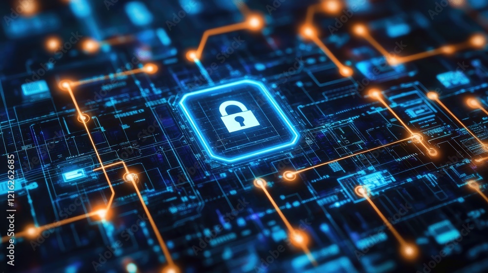 Fototapete a dark screen with a glowing firewall graphic and secured data transfer lines, symbolizing protectio