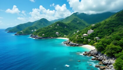 Fototapeta premium Tropical beach scene in a turquoise bay with green mountain stretching to the ocean against blue sky