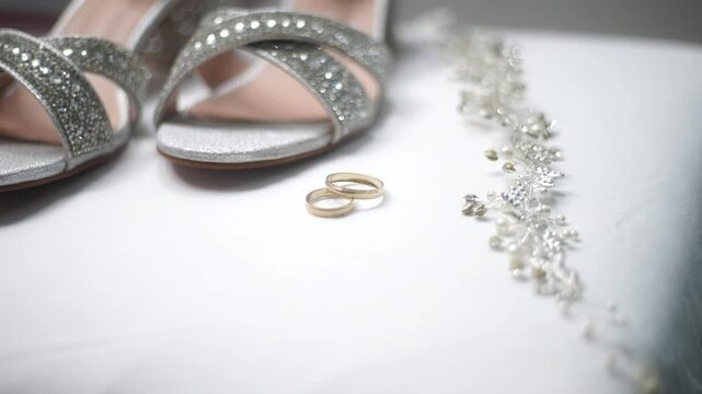wedding rings next to bride shoes