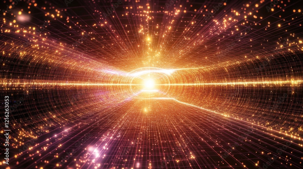 Poster a digital grid showing quantum entanglement between two particles, glowing with energy and forming c