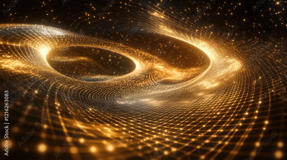 Poster a digital grid showing quantum entanglement between two particles, glowing with energy and forming c