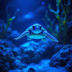 Obraz premium A bioluminescent underwater scene featuring a cute baby turtle swimming in the water with glowing blue light underwater 