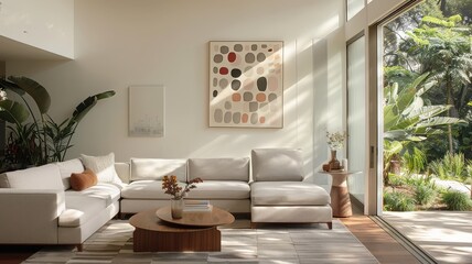 Fototapeta premium A mid-century modern living room with a colorful circle patterned feature wall, bathed in natural light.